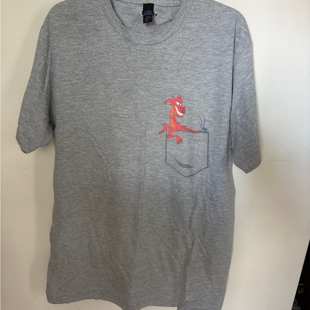 Official Disney Gray Tee from Mulan - Mushu and Crickie in Outline of Pocket